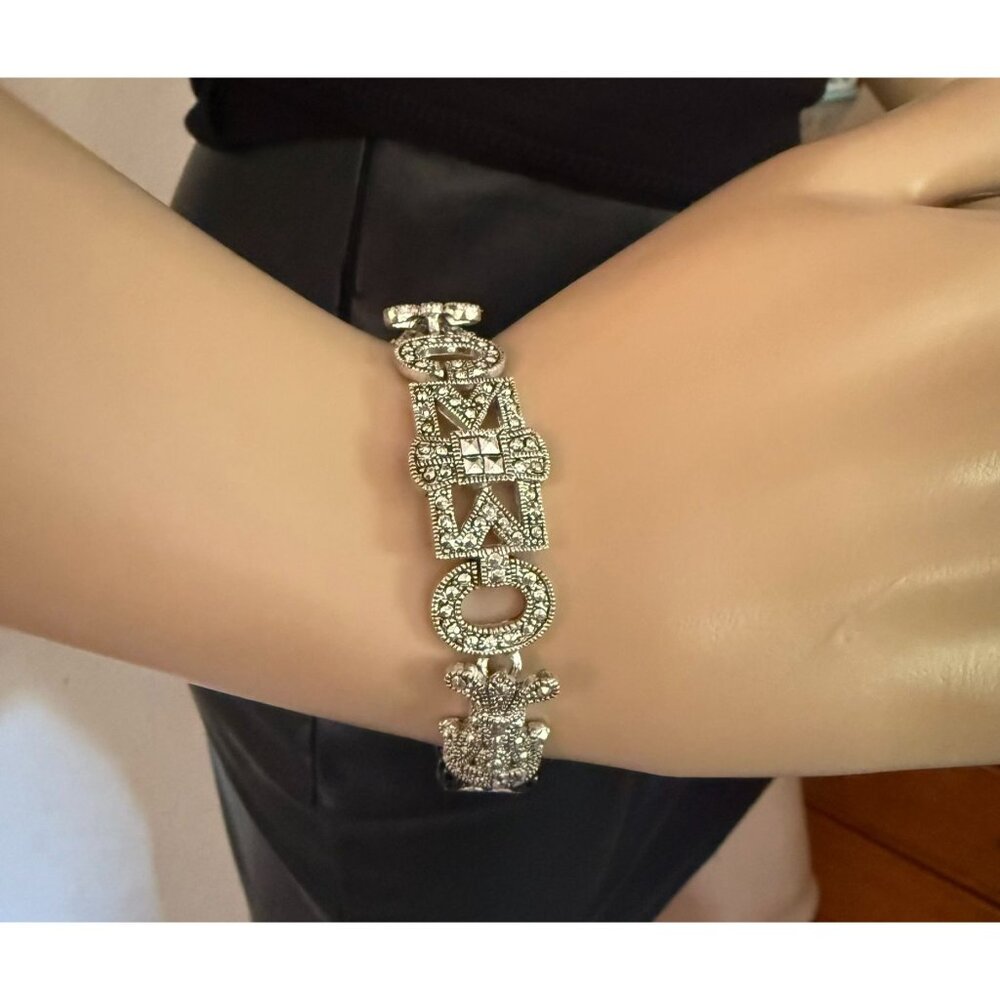 Art Deco Style Beaded Bracelet 7.5in Silver Tone Black Beads Retro